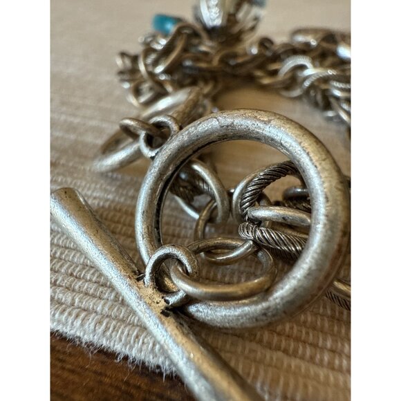 Boho Silver Tone Charm Bracelet Hearts Turquoise Glass Beads Toggle Statement - Picture 13 of 16